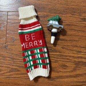 Holiday Wine Bottle Sweater and Car with Christmas Tree Wine Stopper